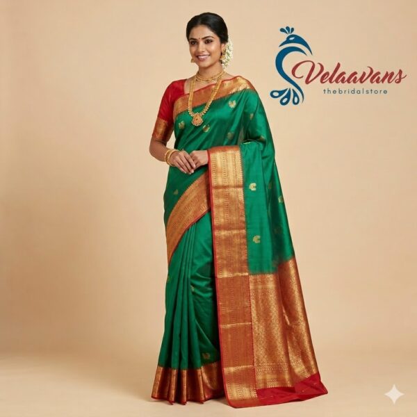 Green Kanjivaram Silk Saree with Red Border & Gold Zari