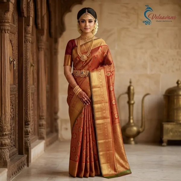 Classic Red Orange Temple Zari Muhurtham Pattu Saree
