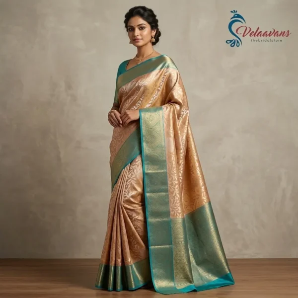 Peach Gold Floral Tissue Silk Saree with Teal Zari Border
